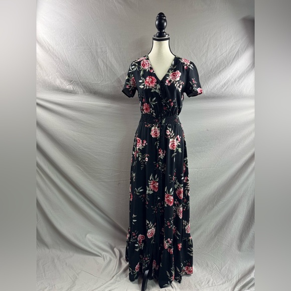 Black Boho Rose Floral Print Button Front Split Thigh Dress - Picture 11 of 14